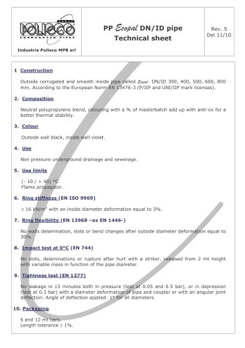 PP Ecopal DN/ID pipe Technical sheet