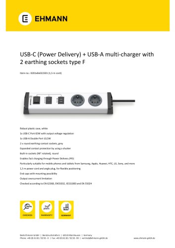 USB-C (Power Delivery) + USB-A multi-charger with 2 earthing sockets type F
