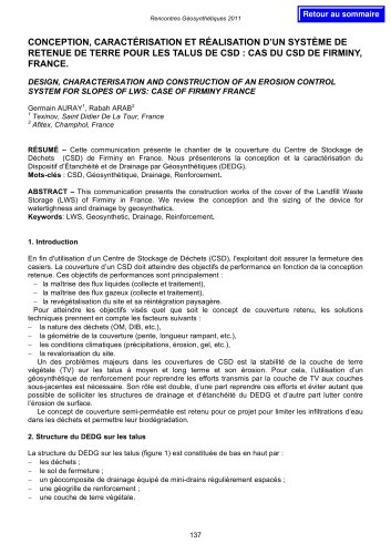 CONCEPTION, CARACTÉRISATION ET RÉALISATION D?UN SYSTÈME DE RETENUE DE TERRE POUR LES TALUS DE CSD : CAS DU CSD DE FIRMINY, FRANCE.