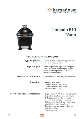 Spécifications techniques kamado B10 Nano