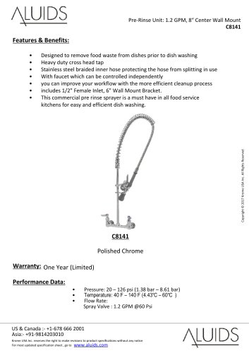 Pre-Rinse Unit: 1.2 GPM, 8ʺ Center Wall Mount C8141