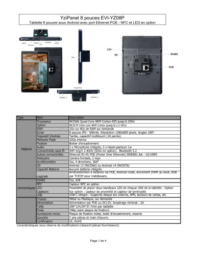 EVI-YZ08P : Tablette 8 pouces sous Android avec port Ethernet POE - NFC et LED en option