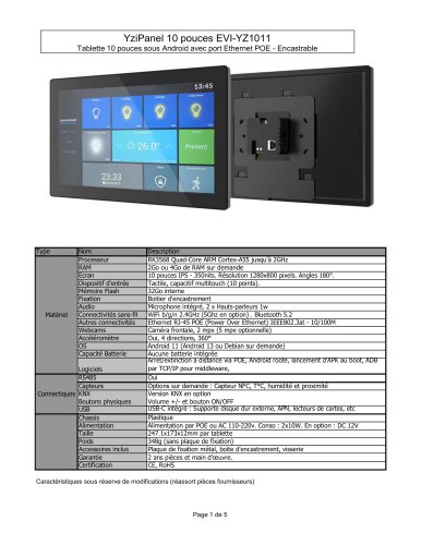EVI-YZ1011 : Tablette 10 pouces sous Android avec port Ethernet POE - Encastrable