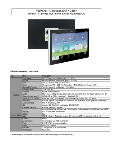 EVI-YZ10P : Tablette 10,1 pouces sous Android avec port Ethernet POE