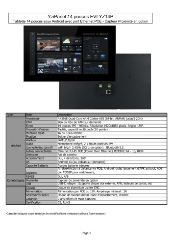 EVI-YZ14P : Tablette Android 14 pouces avec port Ethernet POE - Capteur de proximit&eacute; en option