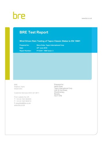 TapcoSlate Classic BRE Wind-driven Rain Testing Report