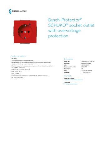 Busch-Protector SCHUKO socket outlet with overvoltage protection RED RAL 3020