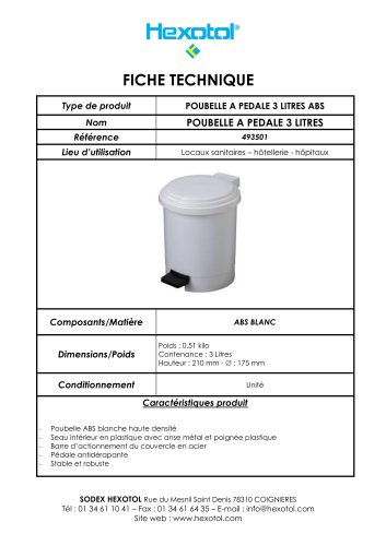 Poubelle à pédale ABS 3 litres