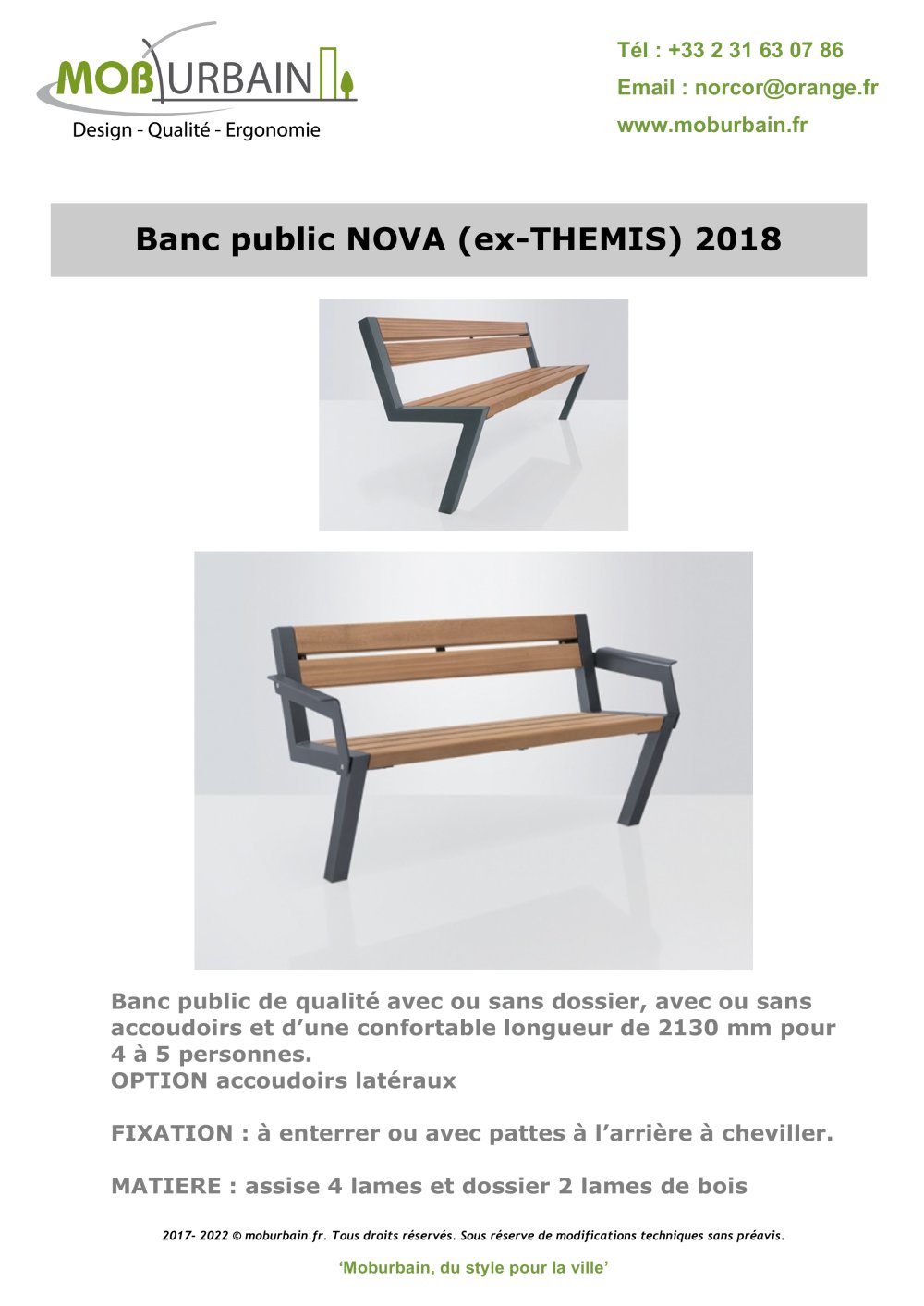 Banc d&rsquo;ext&eacute;rieur NOVA - NORCOR MOB.URBAIN