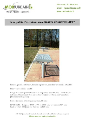 Banc public d'extérieur sans ou avec dossier ERGOSIT