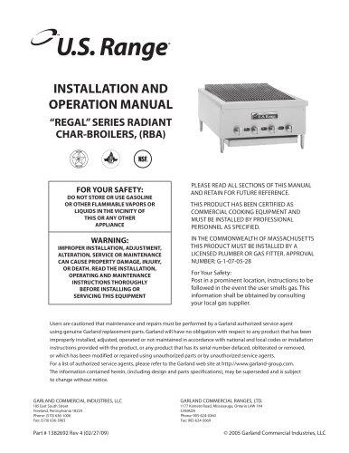 Installation/Operation Manual: All RBA Series Gas Char Broilers, part #1382692