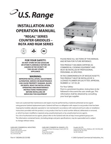 Installation/Operation Manual: All RTGA & RGM Series Gas Griddles, part #1382696